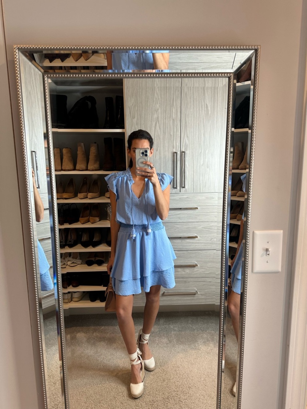 Sky Blue Tiered Mini Dress with Drawstring Waist
